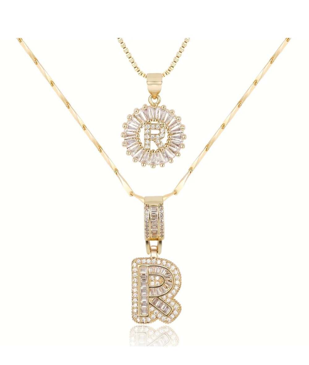 2pc 14k Gold Plated Diamond Initial Necklace Set with Box and Rope Chains - Lett